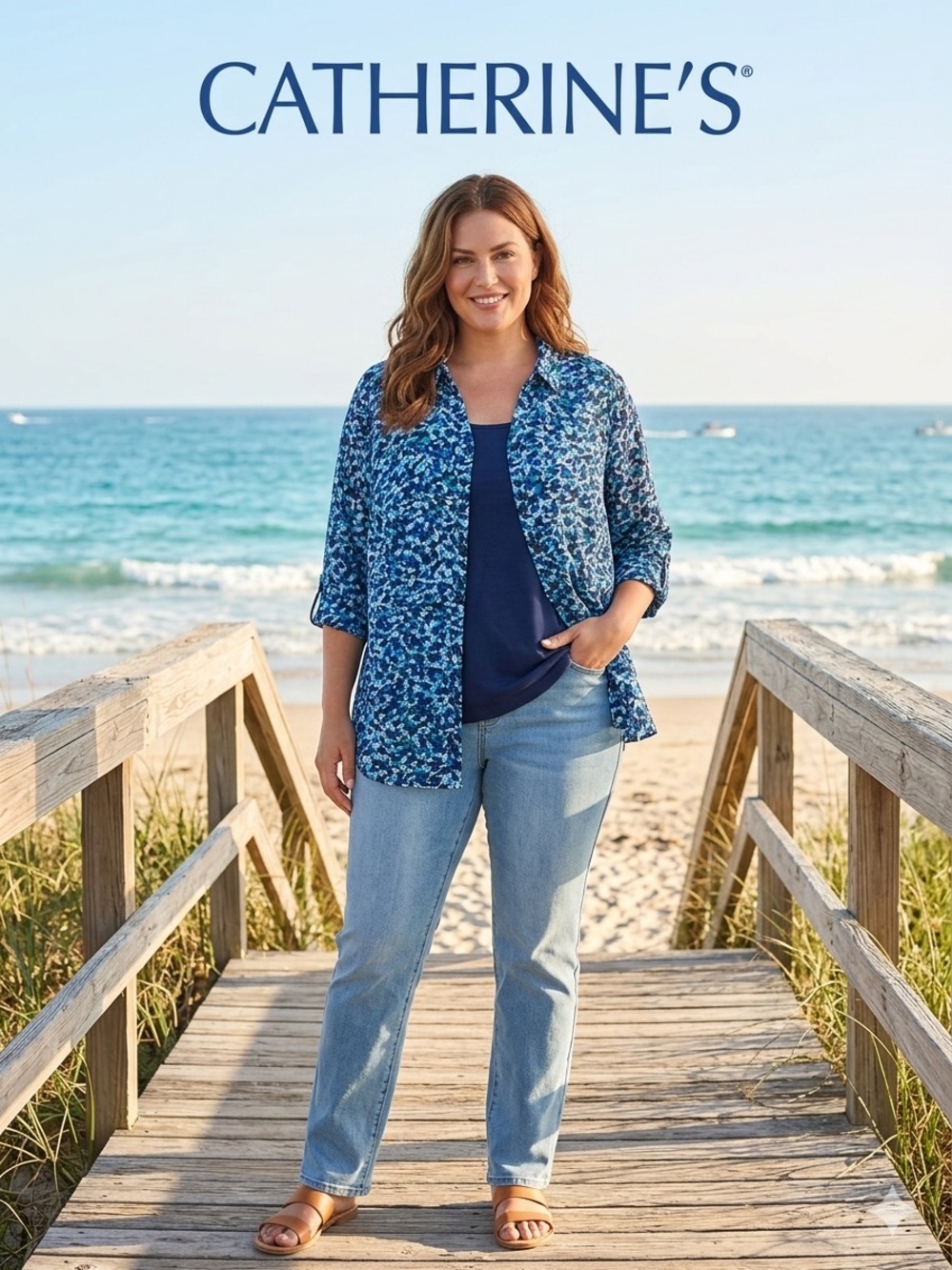 Catherines Teal and Blue Floral Print Button Down Blouse